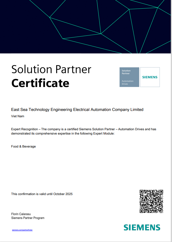 CHỨNG CHỈ NHÀ CUNG CÂP GIẢI PHÁP CỦA SIEMENS 2025 CHO NGÀNH F&B